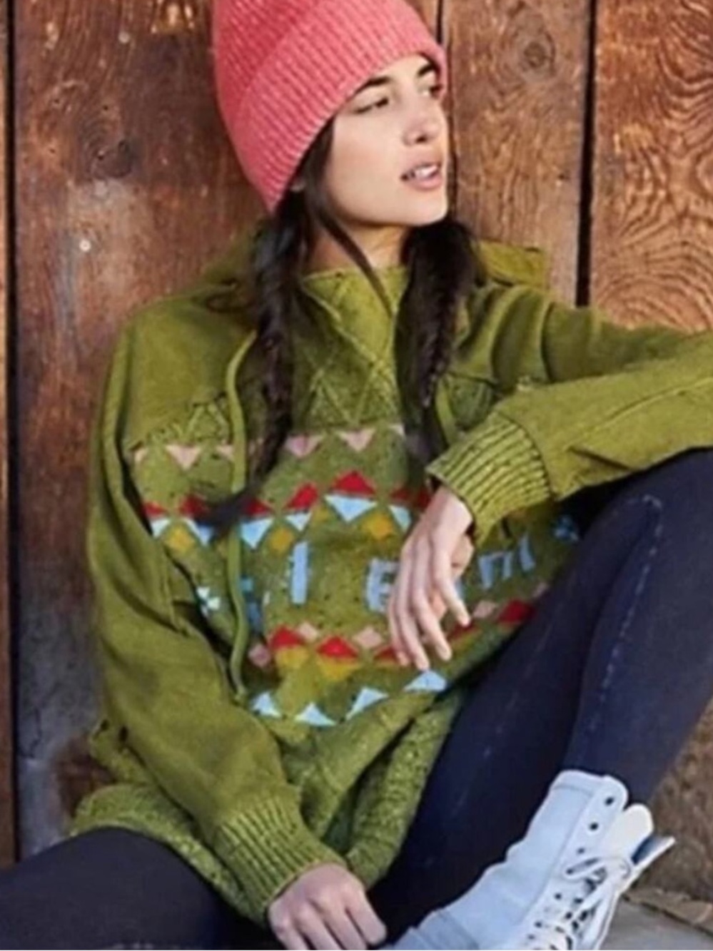 Free People Olive Green Ski Bum Hooded Sweater NWOT - Picture 2 of 8